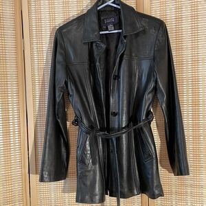 Hillard & Hanson Womens Black Leather Jacket Buttons Pockets Collar Lined w/ Tie